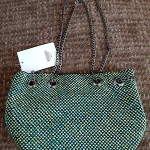 BLING! Black w/Green Sparkly Sequins Purse w/Clasp Charcoal Chain Strap -NWT